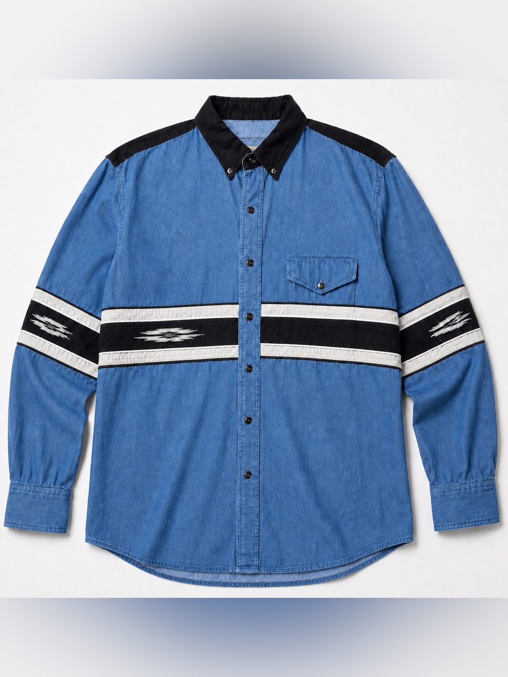 Express Rider Denim Button Up Shirt Men’s L Western Striped 100% Cotton Retro